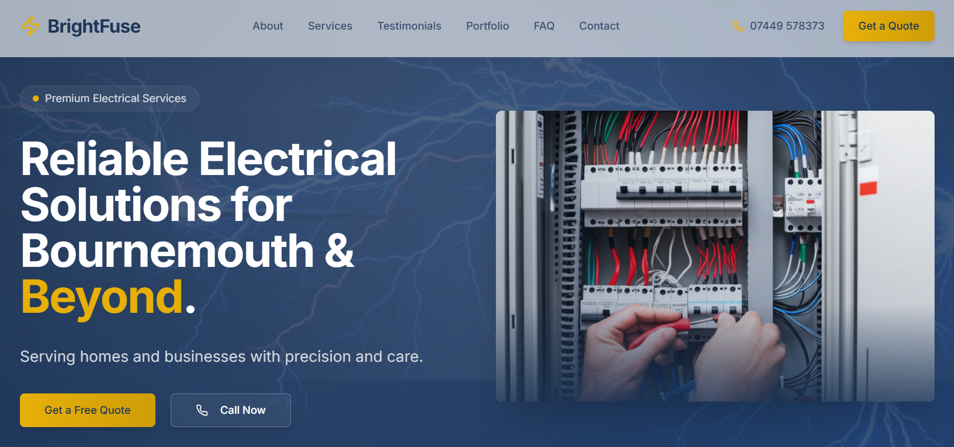 BrightFuse website screenshot showcasing professional electrical services with modern design and blue branding
